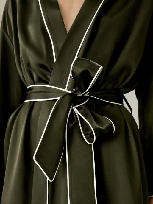 Lilysilk Contrast Piping Long Sleeves Night Robe Women Robes