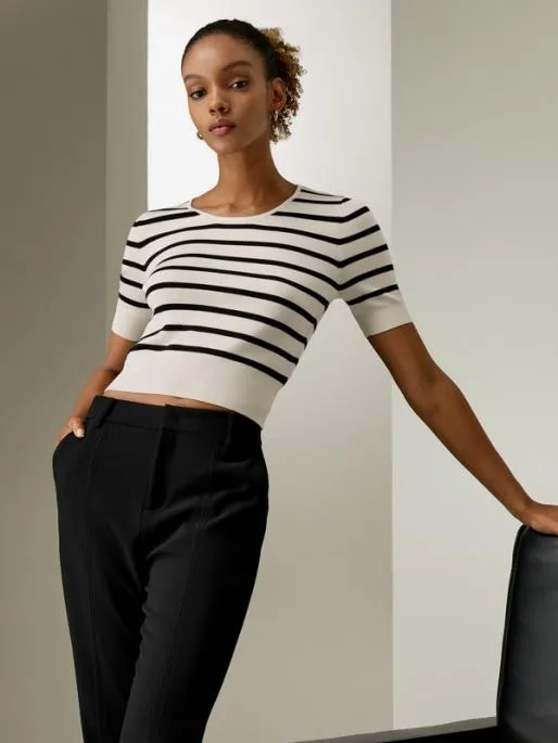 Lilysilk Contrasting Color Striped Silk Knit Crop Top Women Tops