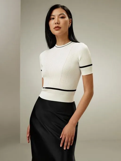 Lilysilk Silk Ribbed Knit T Shirt With Contrasting Hem Women Tops