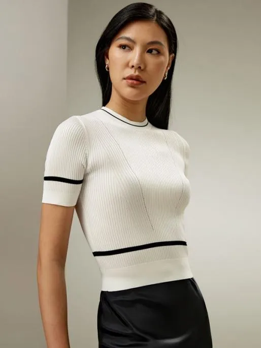 Lilysilk Silk Ribbed Knit T Shirt With Contrasting Hem Women Tops