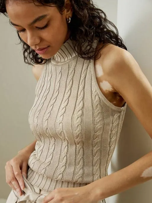 Lilysilk Sleeveless CableKnit HighNeck Sweater Women Tops
