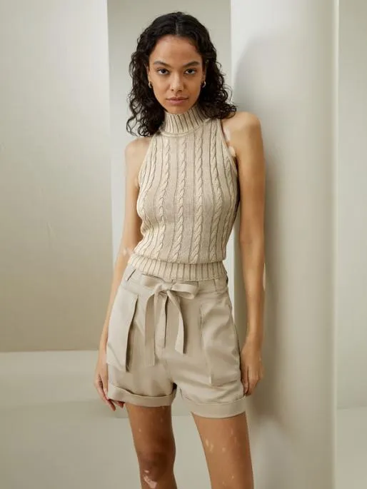 Lilysilk Sleeveless CableKnit HighNeck Sweater Women Tops