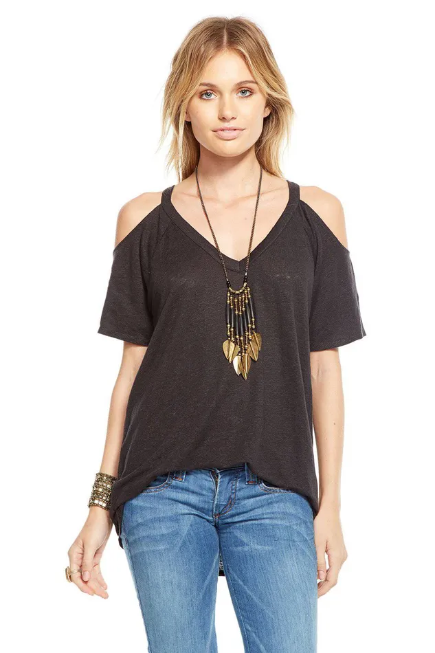 LINEN JERSEY COLD SHOULDER V NECK RAGLAN TEE Womens Loungewear Chaser Brand