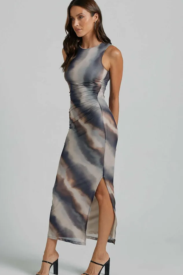 Loralie Midi Dress 8211 Mesh High Neck Bodycon Dress In Brown Tie Dye Women Showpo Curve Clothes