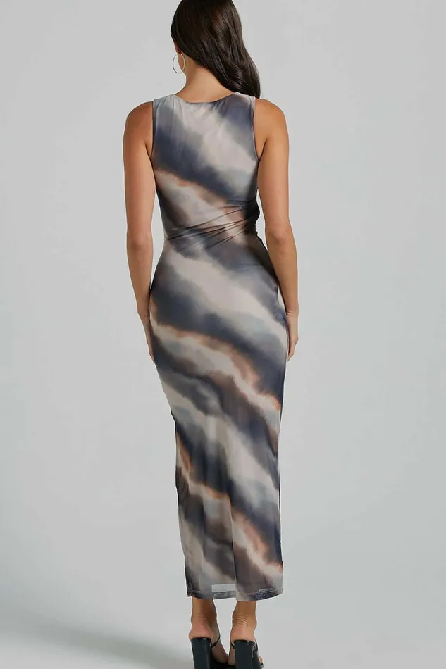 Loralie Midi Dress 8211 Mesh High Neck Bodycon Dress In Brown Tie Dye Women Showpo Curve Clothes