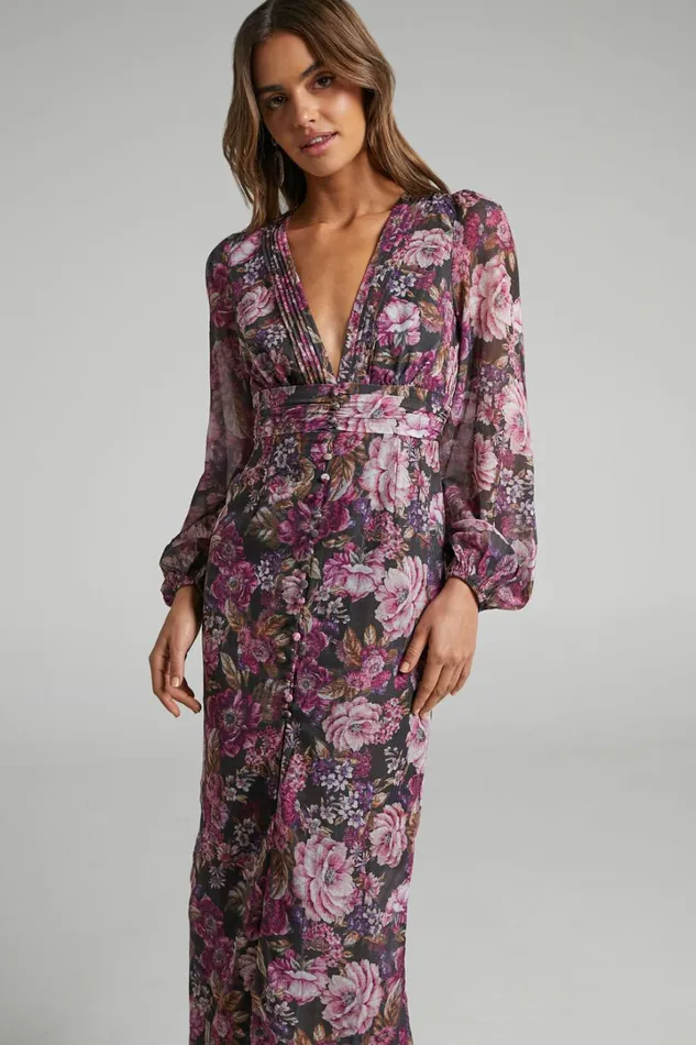 Lorelei Midi Dress 8211 V Neck Balloon Sleeve Dress In Harvest Floral Women Showpo Curve Clothes