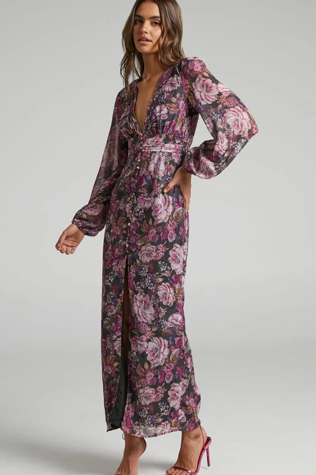 Lorelei Midi Dress 8211 V Neck Balloon Sleeve Dress In Harvest Floral Women Showpo Curve Clothes