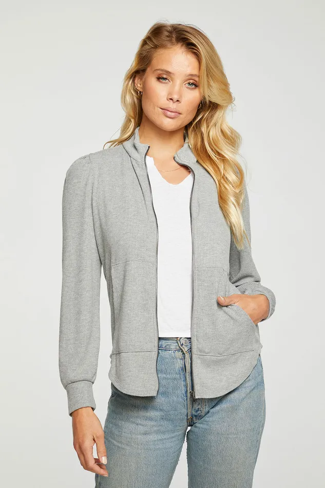 Loungewear Chaser Brand Womens RPET Cozy Rib Puff Sleeve Mock Neck Track Jacket