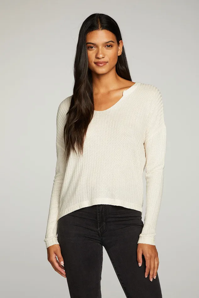 Loungewear Womens Chaser Brand Vintage Thermal Long Sleeve Split Neck Drop Shoulder Boxy Tee