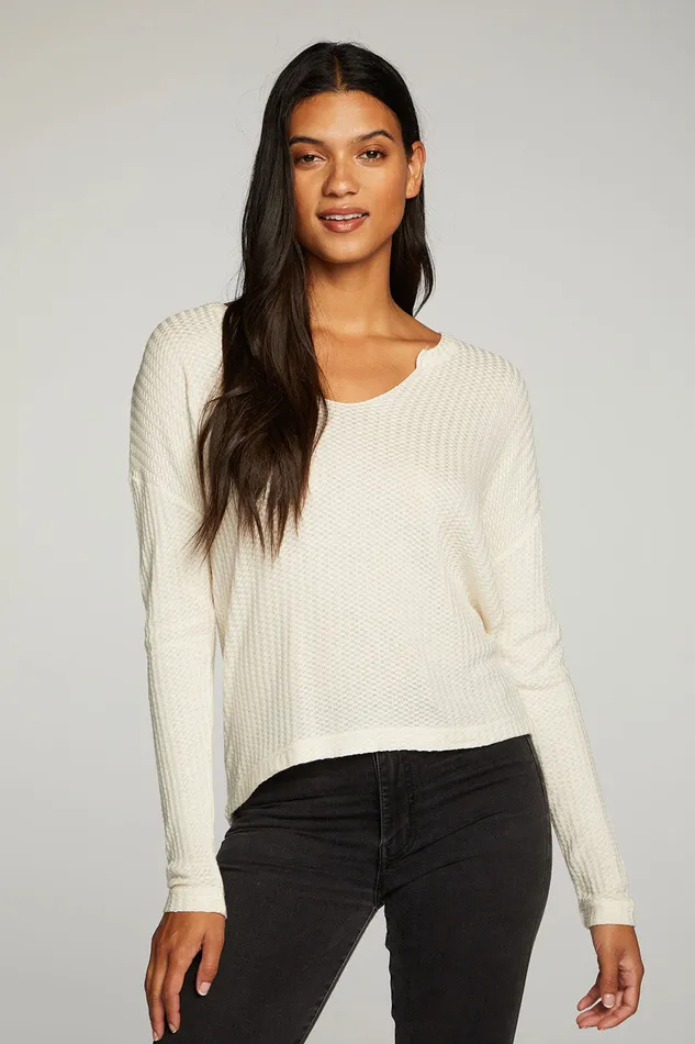 Loungewear Womens Chaser Brand Vintage Thermal Long Sleeve Split Neck Drop Shoulder Boxy Tee