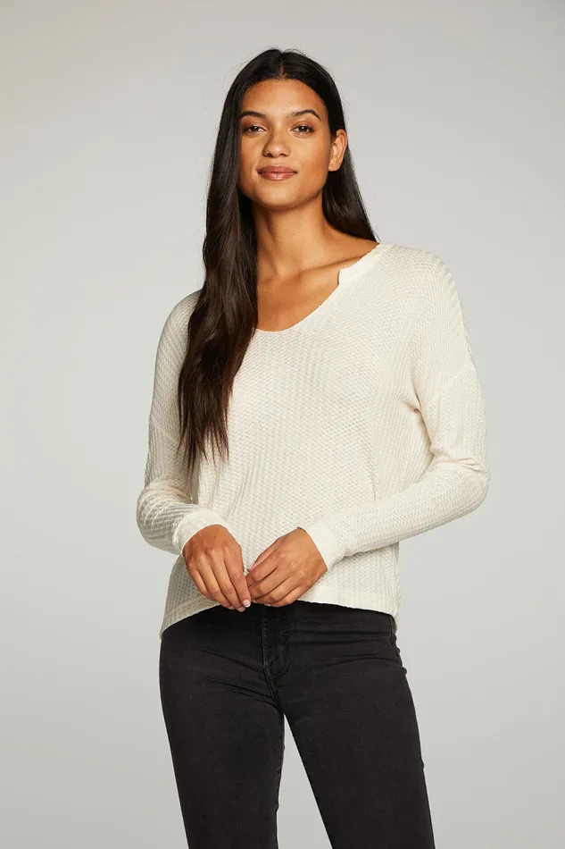 Loungewear Womens Chaser Brand Vintage Thermal Long Sleeve Split Neck Drop Shoulder Boxy Tee
