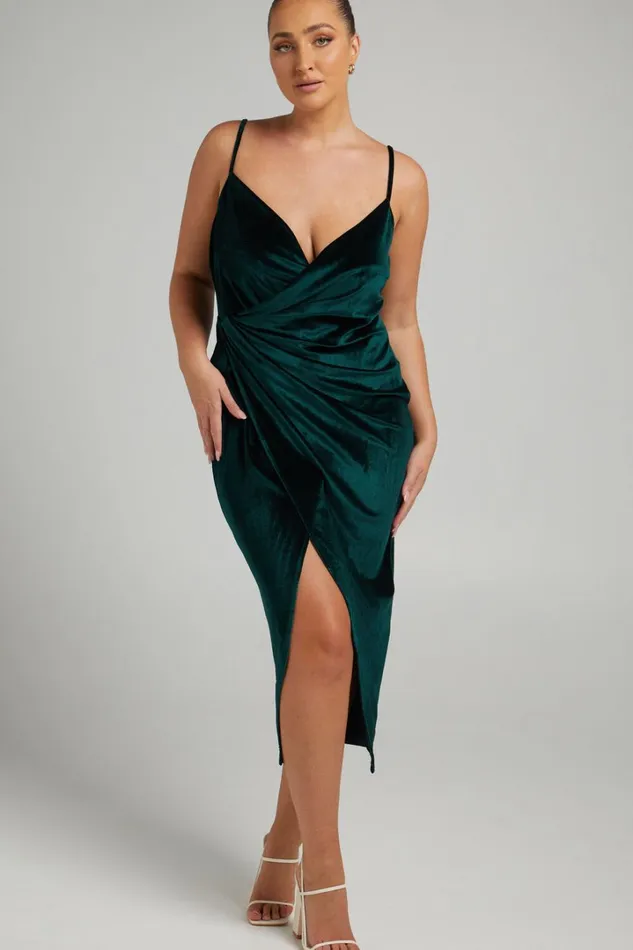 Loving Blind Midi Dress 8211 Draped Thigh Split Dress In Emerald Velvet Women Showpo Curve Clothes Loving Blind Midi Dress 8211 Draped Thigh Split Dress In Emerald Velvet Women Showpo Curve Clothes