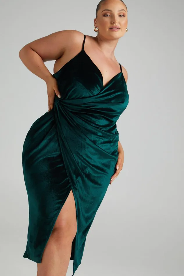 Loving Blind Midi Dress 8211 Draped Thigh Split Dress In Emerald Velvet Women Showpo Curve Clothes