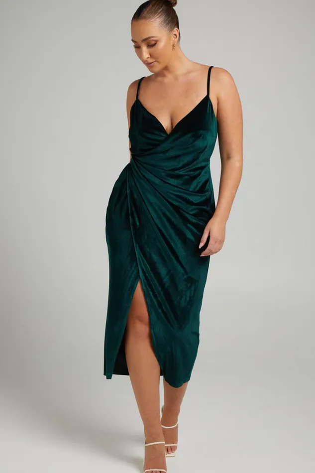 Loving Blind Midi Dress 8211 Draped Thigh Split Dress In Emerald Velvet Women Showpo Curve Clothes