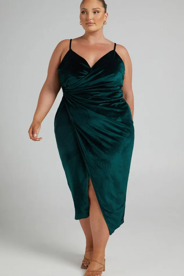 Loving Blind Midi Dress 8211 Draped Thigh Split Dress In Emerald Velvet Women Showpo Curve Clothes