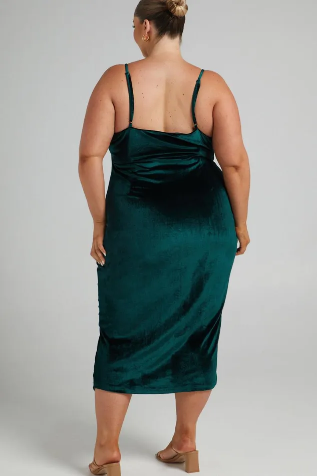 Loving Blind Midi Dress 8211 Draped Thigh Split Dress In Emerald Velvet Women Showpo Curve Clothes