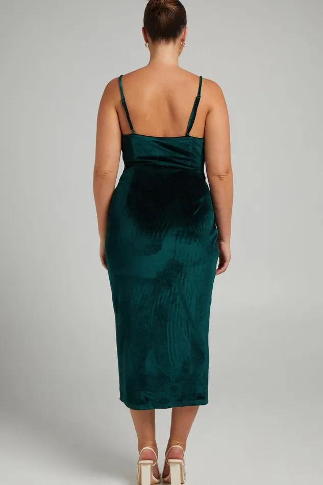 Loving Blind Midi Dress 8211 Draped Thigh Split Dress In Emerald Velvet Women Showpo Curve Clothes