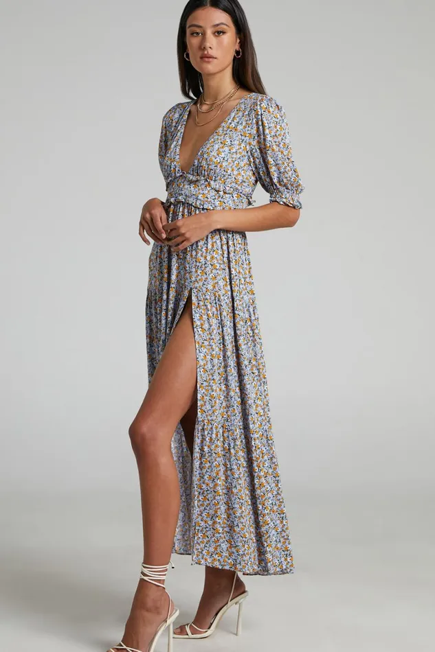 Luisella Midi Dress 8211 Puff Sleeve Tiered Dress In Blue Ditsy Floral Women Showpo Dresses