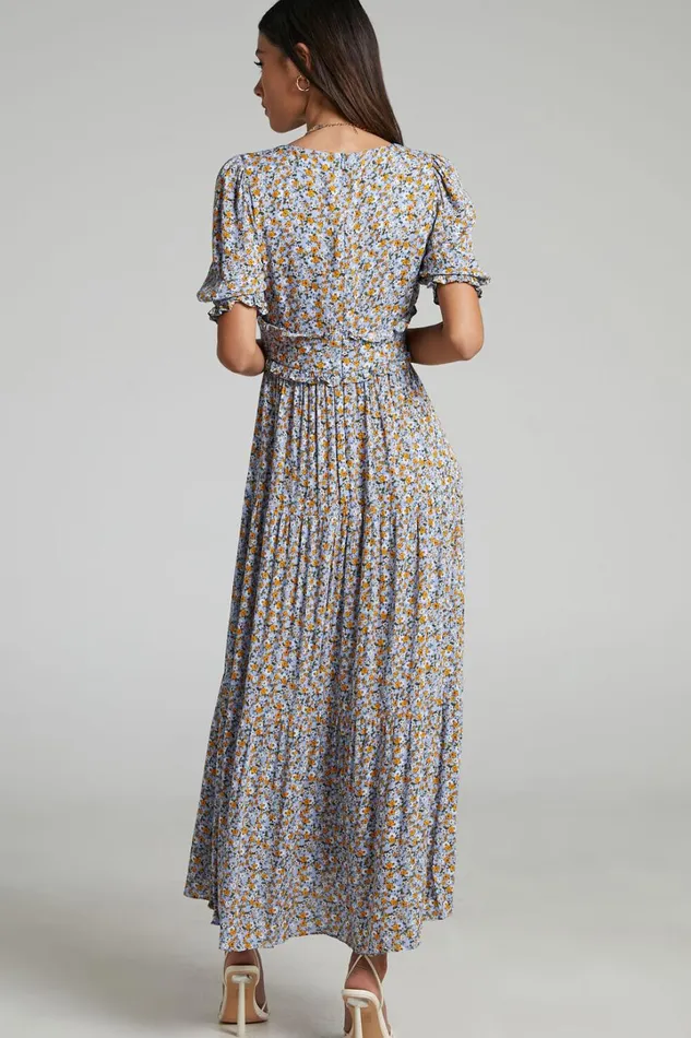 Luisella Midi Dress 8211 Puff Sleeve Tiered Dress In Blue Ditsy Floral Women Showpo Dresses