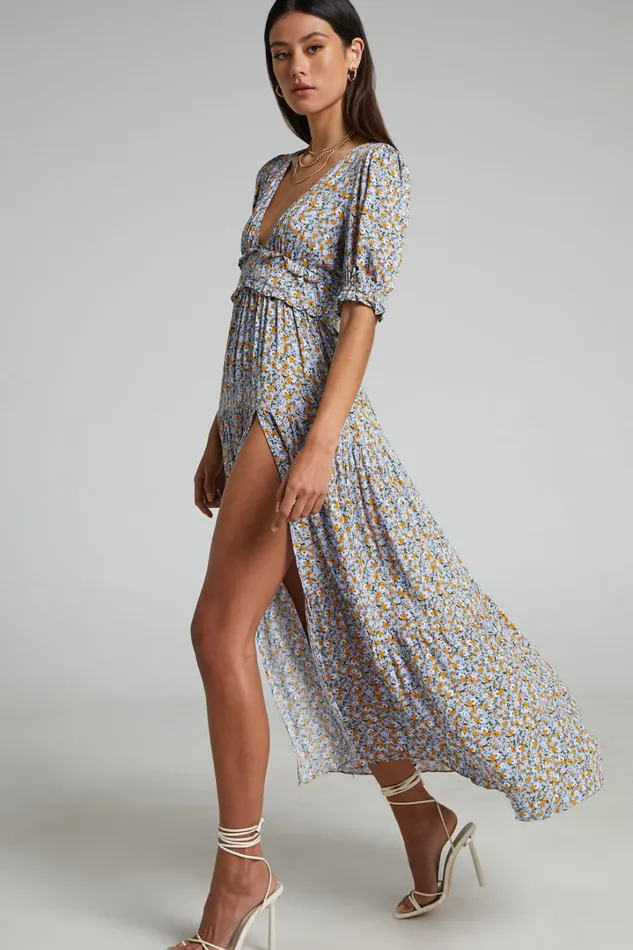 Luisella Midi Dress 8211 Puff Sleeve Tiered Dress In Blue Ditsy Floral Women Showpo Dresses