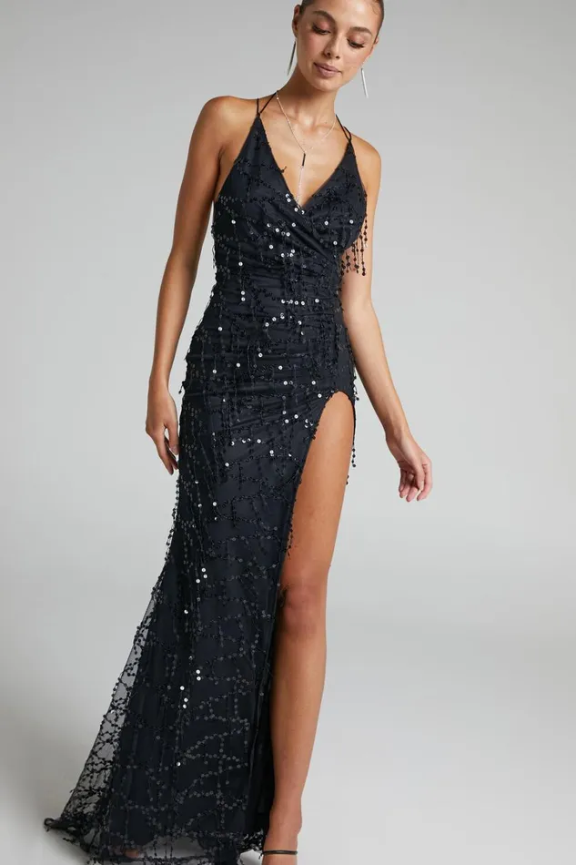 Maieth Maxi Dress 8211 Drape Sequin Halter Cross Back Dress In Black Women Showpo Dresses