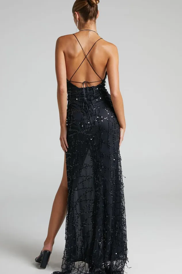 Maieth Maxi Dress 8211 Drape Sequin Halter Cross Back Dress In Black Women Showpo Dresses