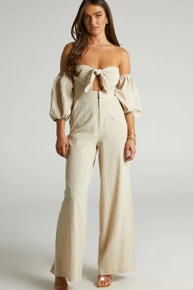Maja Jumpsuit 8211 Front Tie Off Shoulder Jumpsuit In Sand Women Showpo Jumpsuits