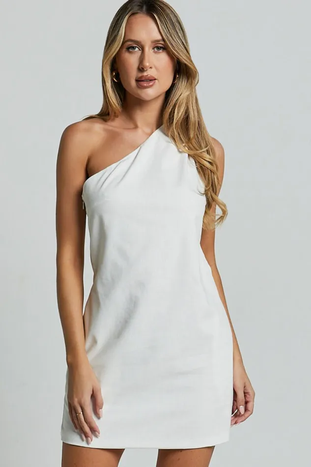 Mardelle Mini Dress 8211 Linen Look One Shoulder Shift Dress In White Women Showpo Conscious
