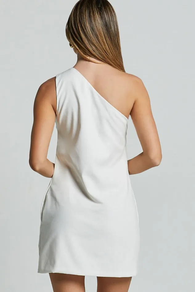 Mardelle Mini Dress 8211 Linen Look One Shoulder Shift Dress In White Women Showpo Conscious