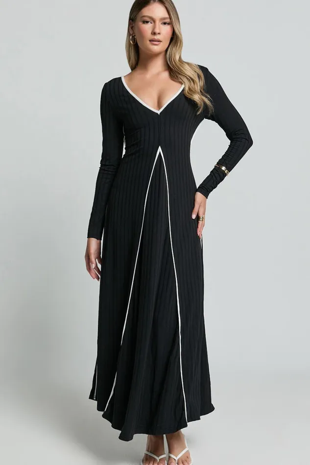Margie Midi Dress 8211 Long Sleeve Contrast Bind Ribbed Dress In Black Women Showpo Dresses Margie Midi Dress 8211 Long Sleeve Contrast Bind Ribbed Dress In Black Women Showpo Dresses