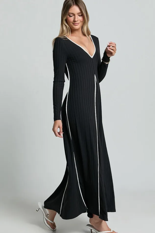 Margie Midi Dress 8211 Long Sleeve Contrast Bind Ribbed Dress In Black Women Showpo Dresses