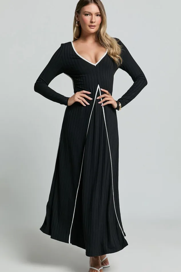 Margie Midi Dress 8211 Long Sleeve Contrast Bind Ribbed Dress In Black Women Showpo Dresses