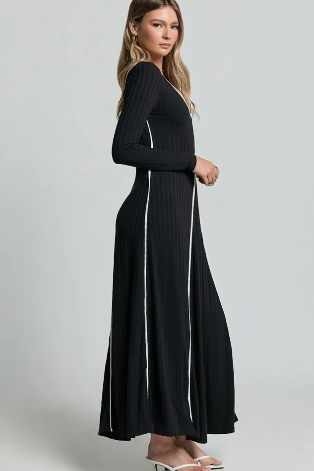 Margie Midi Dress 8211 Long Sleeve Contrast Bind Ribbed Dress In Black Women Showpo Dresses