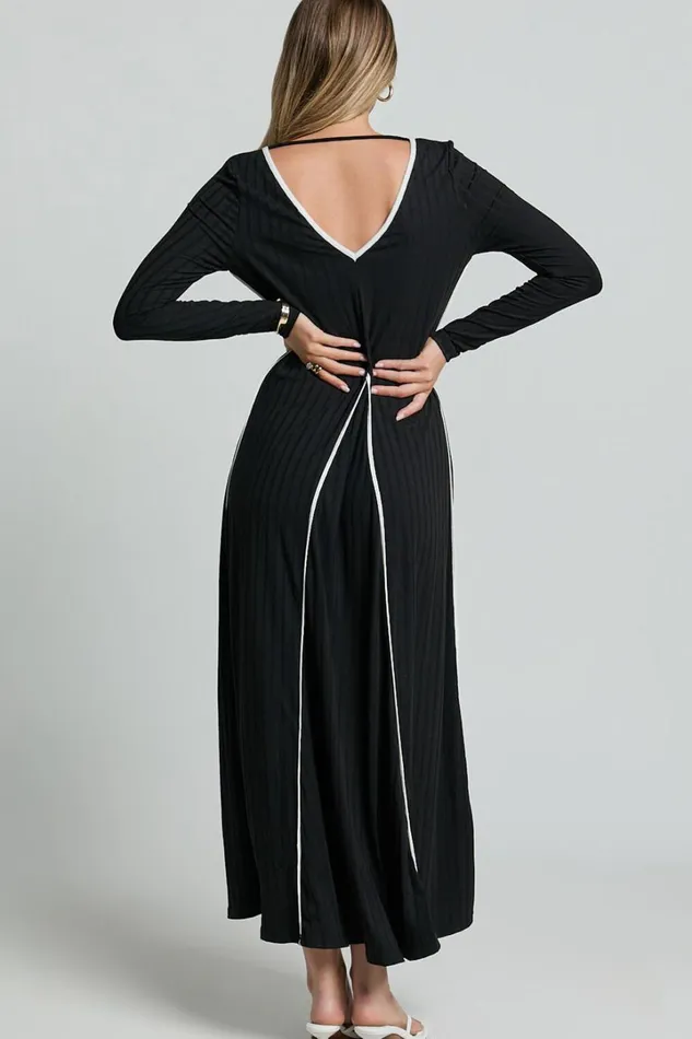 Margie Midi Dress 8211 Long Sleeve Contrast Bind Ribbed Dress In Black Women Showpo Dresses
