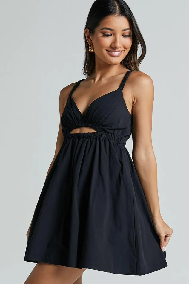 Marie Mini Dress 8211 Strappy V Neck Front Cut Out A Line In Black Women Showpo Dresses