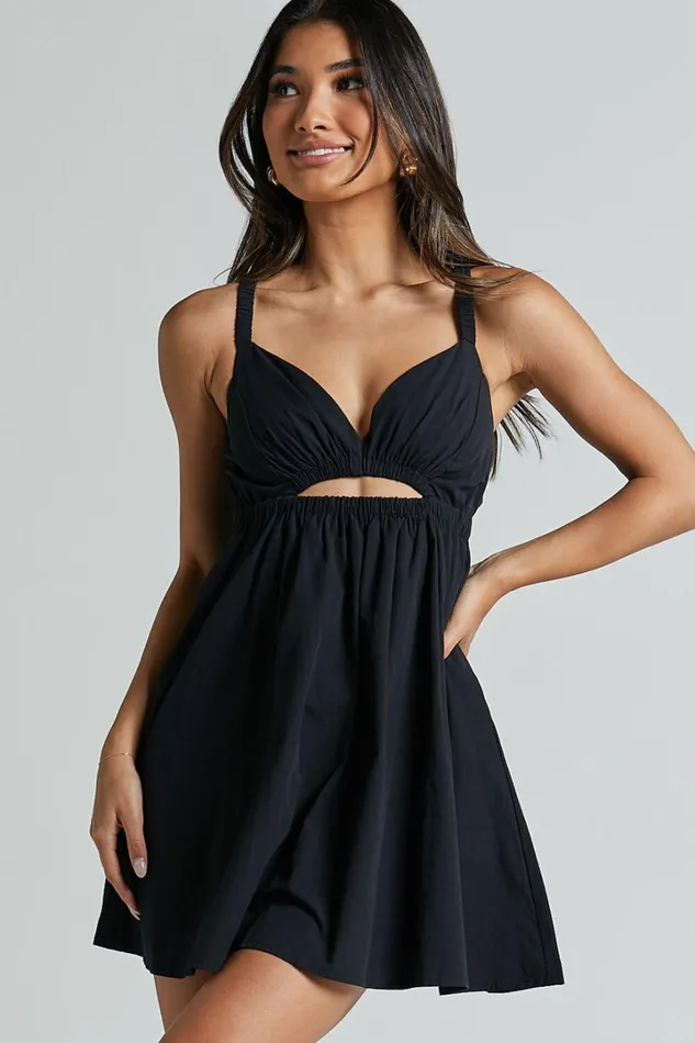 Marie Mini Dress 8211 Strappy V Neck Front Cut Out A Line In Black Women Showpo Dresses