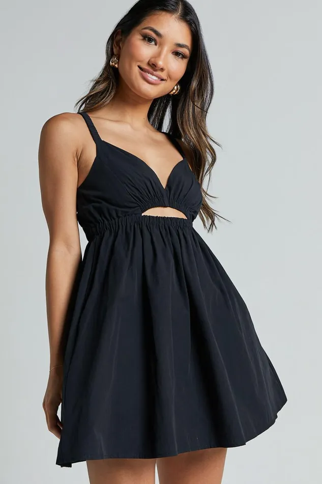 Marie Mini Dress 8211 Strappy V Neck Front Cut Out A Line In Black Women Showpo Dresses