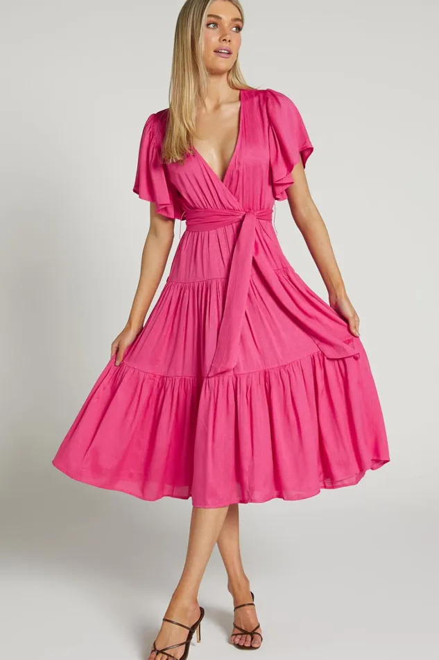 Marielle Midi Dress 8211 Wrap Bodice Tiered Belted Dress In Pink Women Showpo Curve Clothes