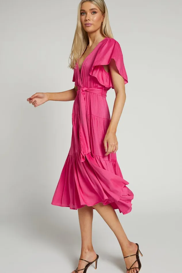 Marielle Midi Dress 8211 Wrap Bodice Tiered Belted Dress In Pink Women Showpo Curve Clothes