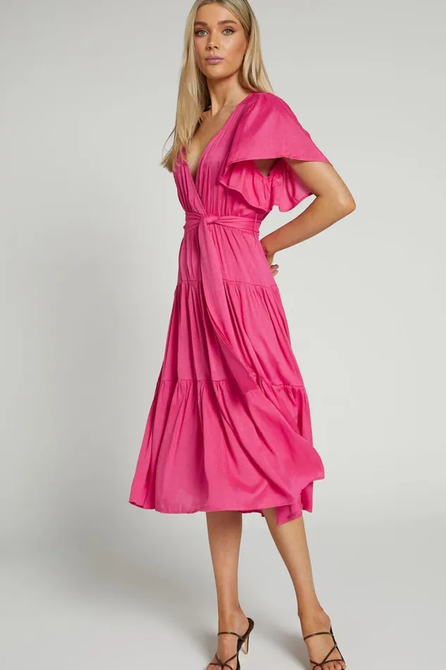Marielle Midi Dress 8211 Wrap Bodice Tiered Belted Dress In Pink Women Showpo Curve Clothes