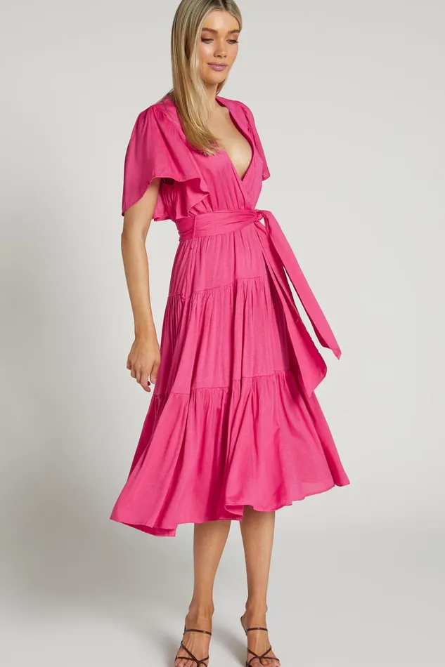 Marielle Midi Dress 8211 Wrap Bodice Tiered Belted Dress In Pink Women Showpo Curve Clothes
