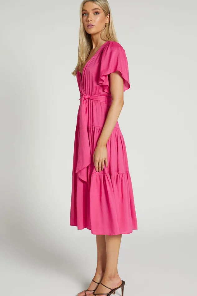 Marielle Midi Dress 8211 Wrap Bodice Tiered Belted Dress In Pink Women Showpo Curve Clothes