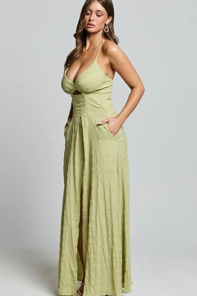 Marisse Maxi Dress 8211 Cut Out Front Split Cross Back Textured Dress In Celery Women Showpo Curve Clothes