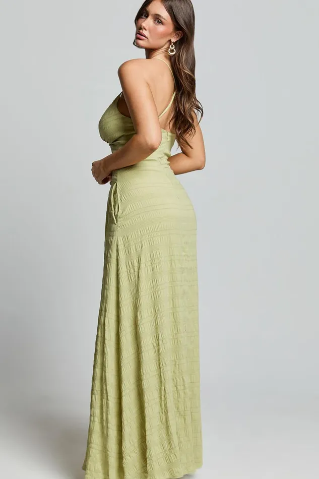 Marisse Maxi Dress 8211 Cut Out Front Split Cross Back Textured Dress In Celery Women Showpo Curve Clothes