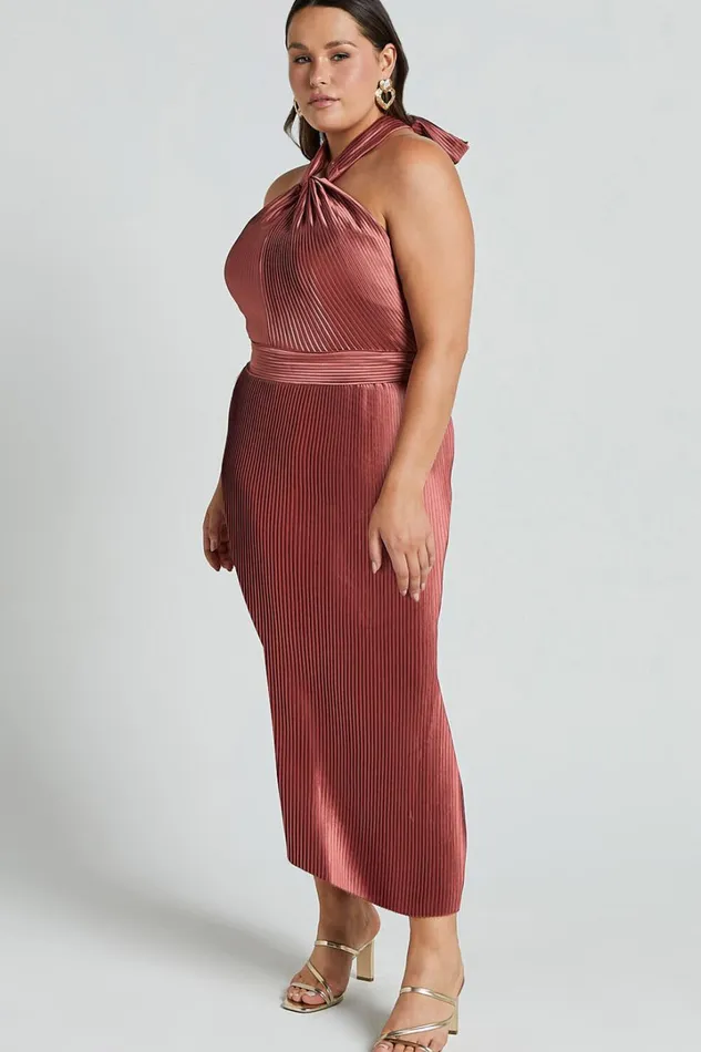 Marlette Midi Dress 8211 Pleated Open Back Halter Dress In Rust Women Showpo Curve Clothes