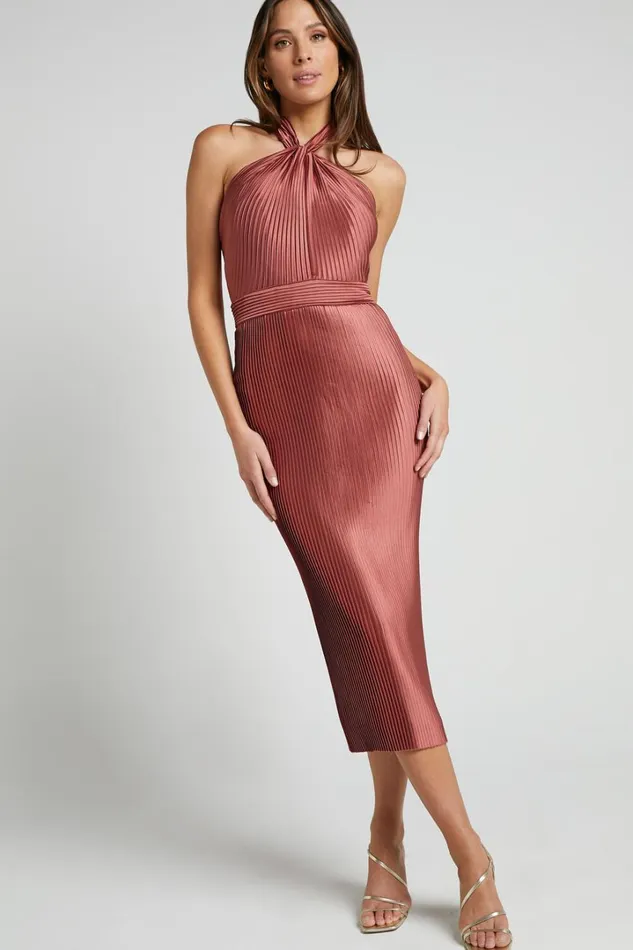 Marlette Midi Dress 8211 Pleated Open Back Halter Dress In Rust Women Showpo Curve Clothes
