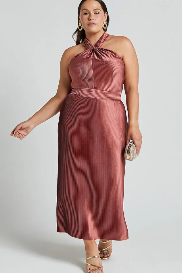 Marlette Midi Dress 8211 Pleated Open Back Halter Dress In Rust Women Showpo Curve Clothes