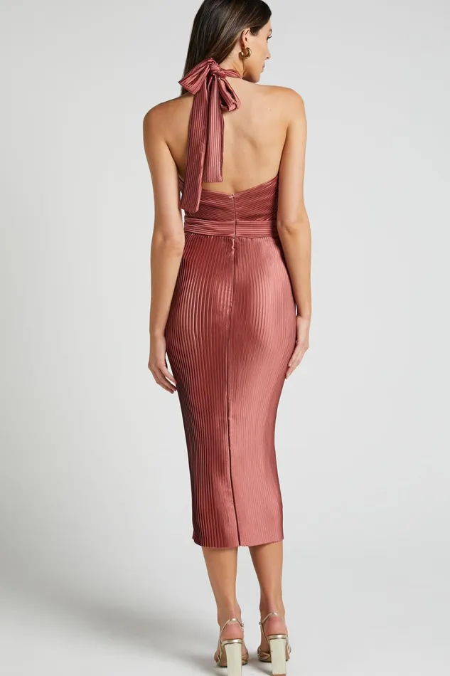 Marlette Midi Dress 8211 Pleated Open Back Halter Dress In Rust Women Showpo Curve Clothes