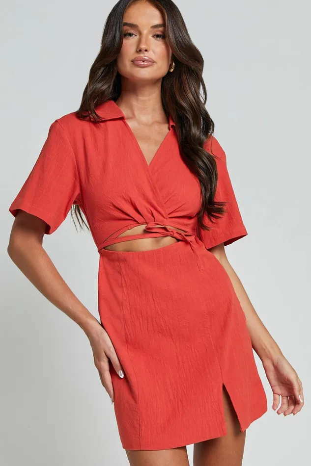 Marsha Mini Dress 8211 Cut Out Short Sleeve Dress In Burnt Orange Women Showpo Conscious