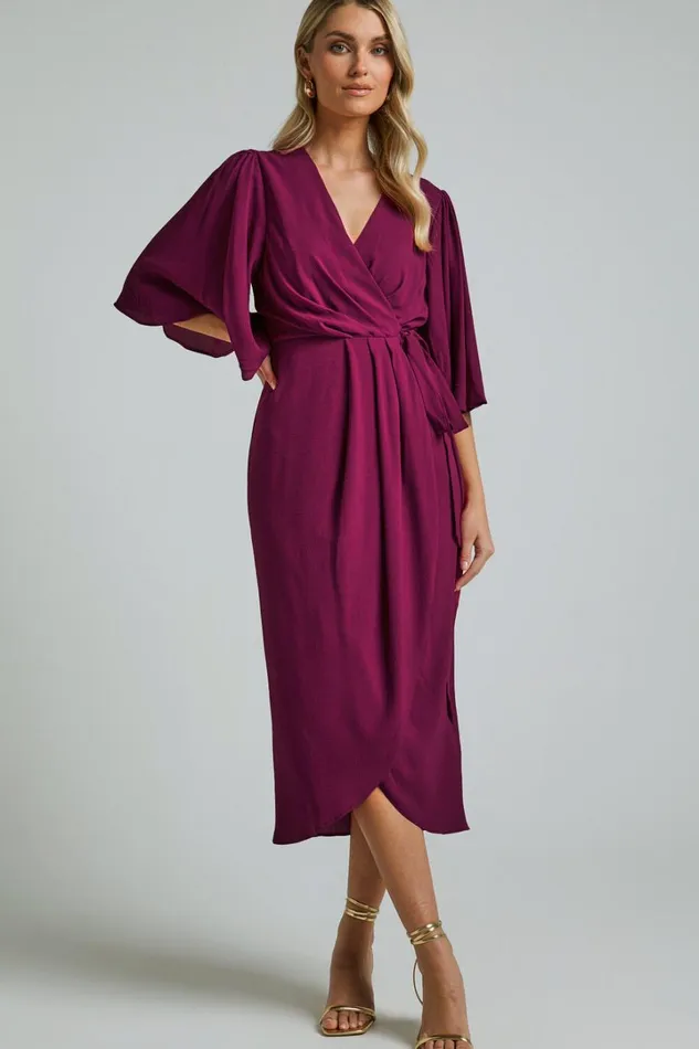 Meagan Midi Dress 8211 V Neck Flutter Sleeve Pleated Detail Wrap In Aubergine Women Showpo Dresses Meagan Midi Dress 8211 V Neck Flutter Sleeve Pleated Detail Wrap In Aubergine Women Showpo Dresses
